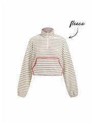 Fleece Stand Collar Striped Zip Through Contrasting Binding Oversized Sweatshirt