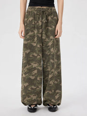 Camo Mid Rise Drawstring Wide Leg Trousers