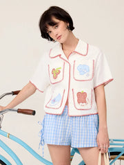Linen-blend Fruit Embroidery Contrast Stitching Short Sleeve Shirt