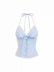 Cotton-blend Striped Halter Neckline Twist Knotted Lace Trim Bowknot Cami Blouse