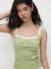 Cotton-blend Gingham Sweetheart Neckline Shirred Broderie Anglaise Trim Crop Top