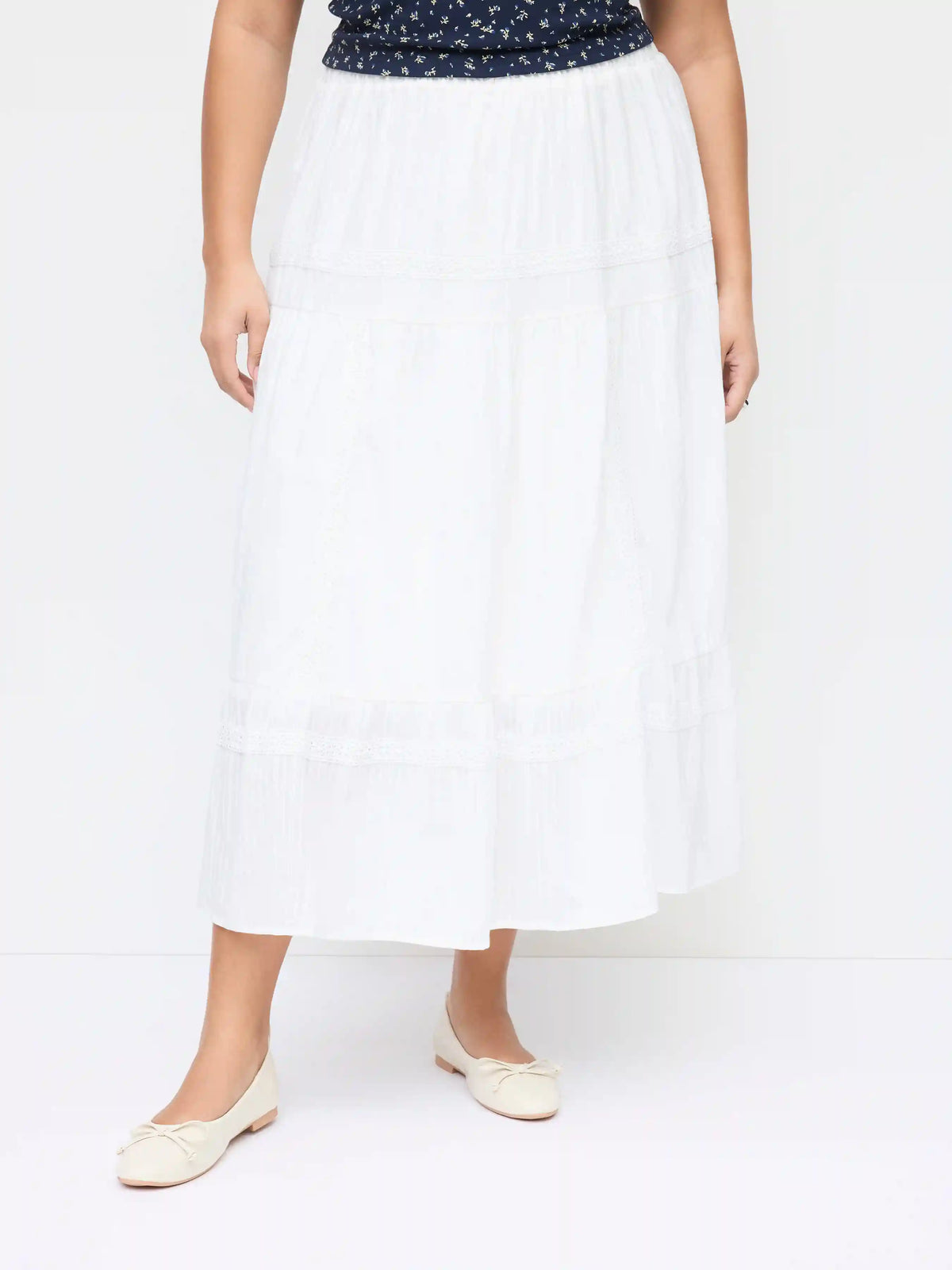 Cotton Mid Rise Embroidery Ruffle Maxi Skirt Curve & Plus