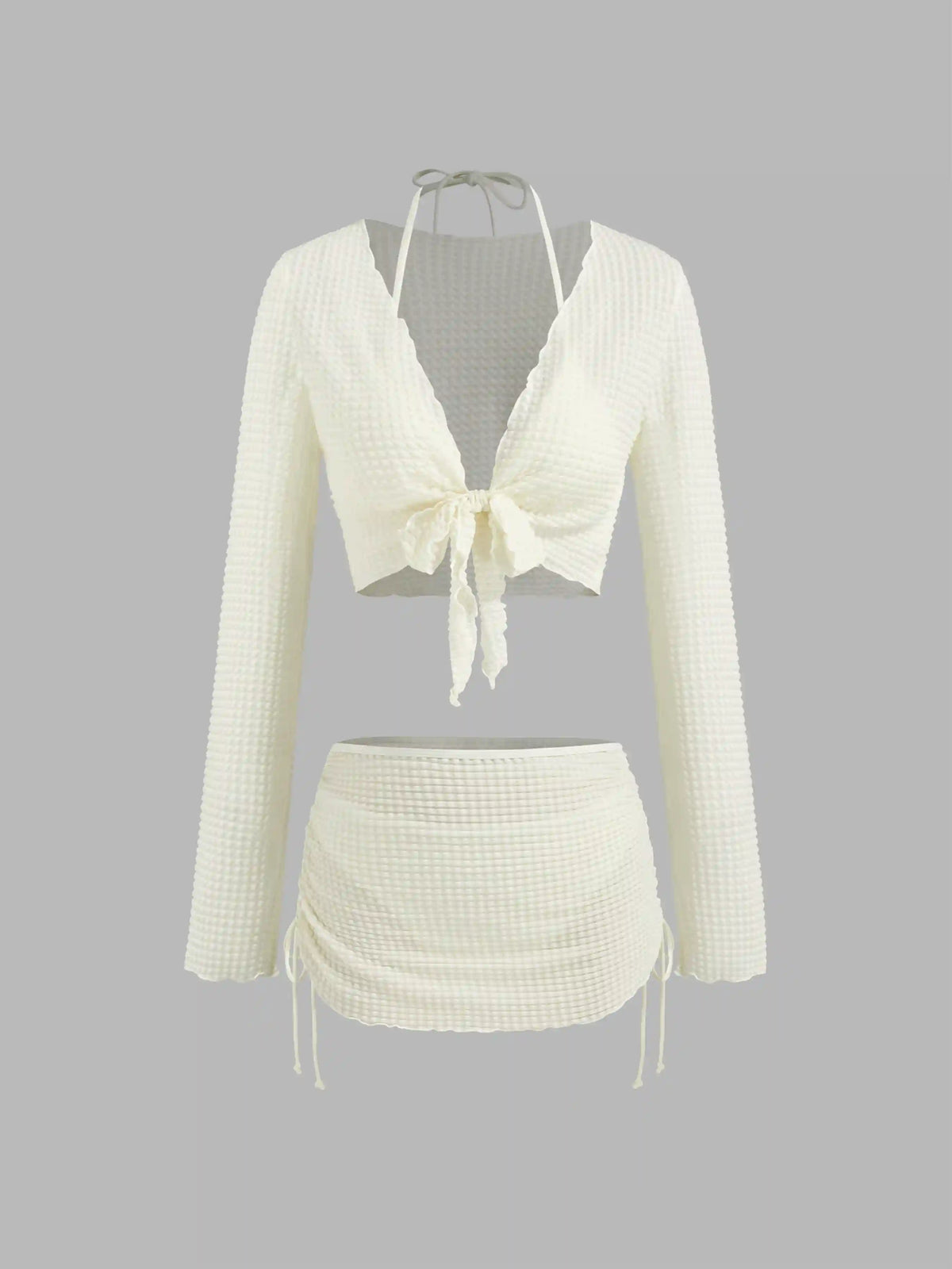 V-neck Knotted Triangle Cheeky Bikini Set With Texture Cover Up Set