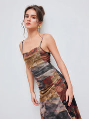 Mesh Cowl Neck Floral Ruched Cami Maxi Dress