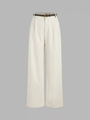 Petite Linen-blend Mid Rise Solid Wide Leg Trousers With Belt