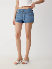 Denim High Rise Washed Drawstring Shorts