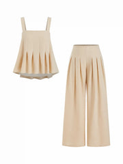 Square Neckline Pleated Cami Top & Mid Rise Wide Leg Pants Set