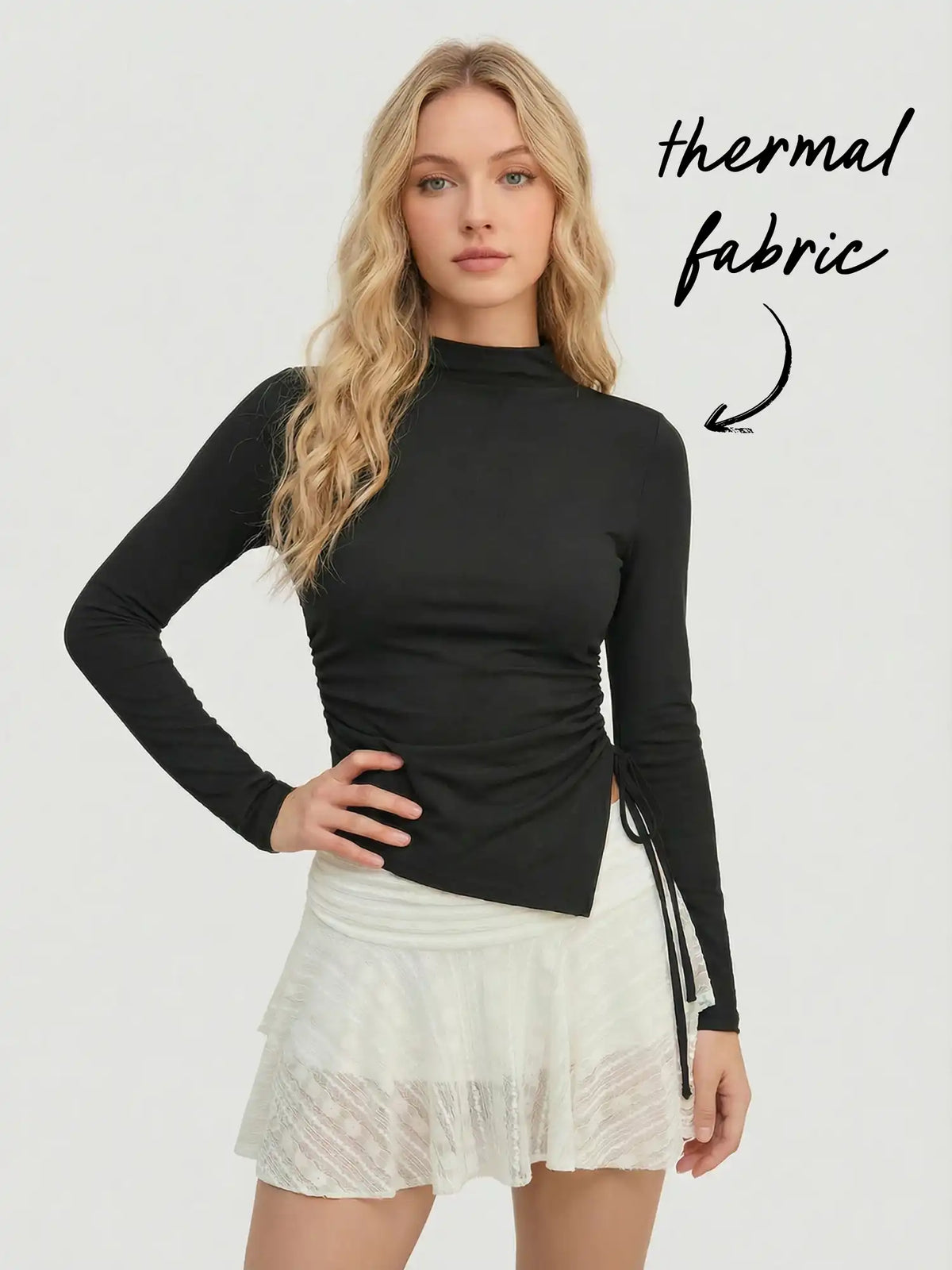 Thermal Cotton-blend Stand Collar Long Sleeve Drawstring Ruched Asymmetrical Hem Top