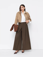 Mid Rise Asymmetrical Button Pleated Wide Leg Trousers