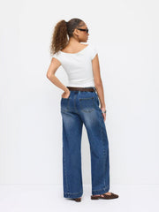 Denim Mid Rise Washed Elastic Waist Wide Leg Jeans