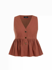 Linen-blend V-neck Ruffled Peplum Metal Detail Blazer Vest Curve & Plus
