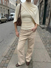 Stand Collar Ruched Wrap Cape Top
