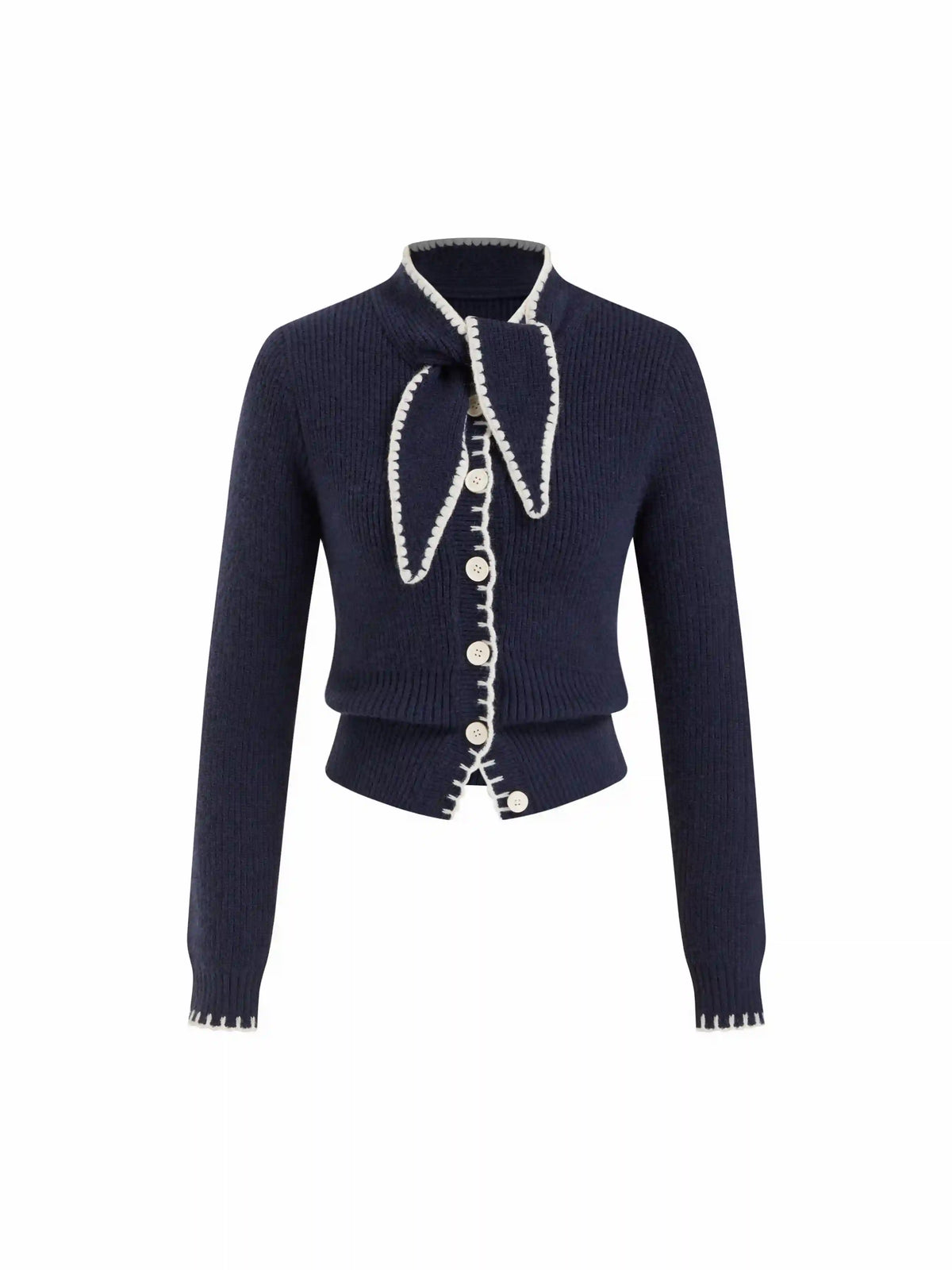 Knit Stand Collar Bowknot Contrasting Binding Long Sleeve Cardigan