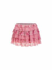 Mesh Mid Rise Floral Ruffled Mini Skirt