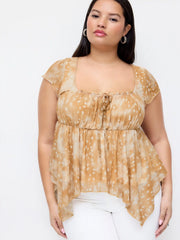 Mesh Square Neck Polka Dot Drawstring Hanky Hem Top Curve & Plus