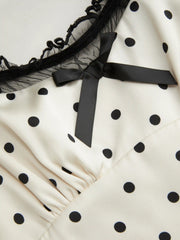 Satin Polka Dot Square Neck Puff Sleeve Bowknot A-line Maxi Dress
