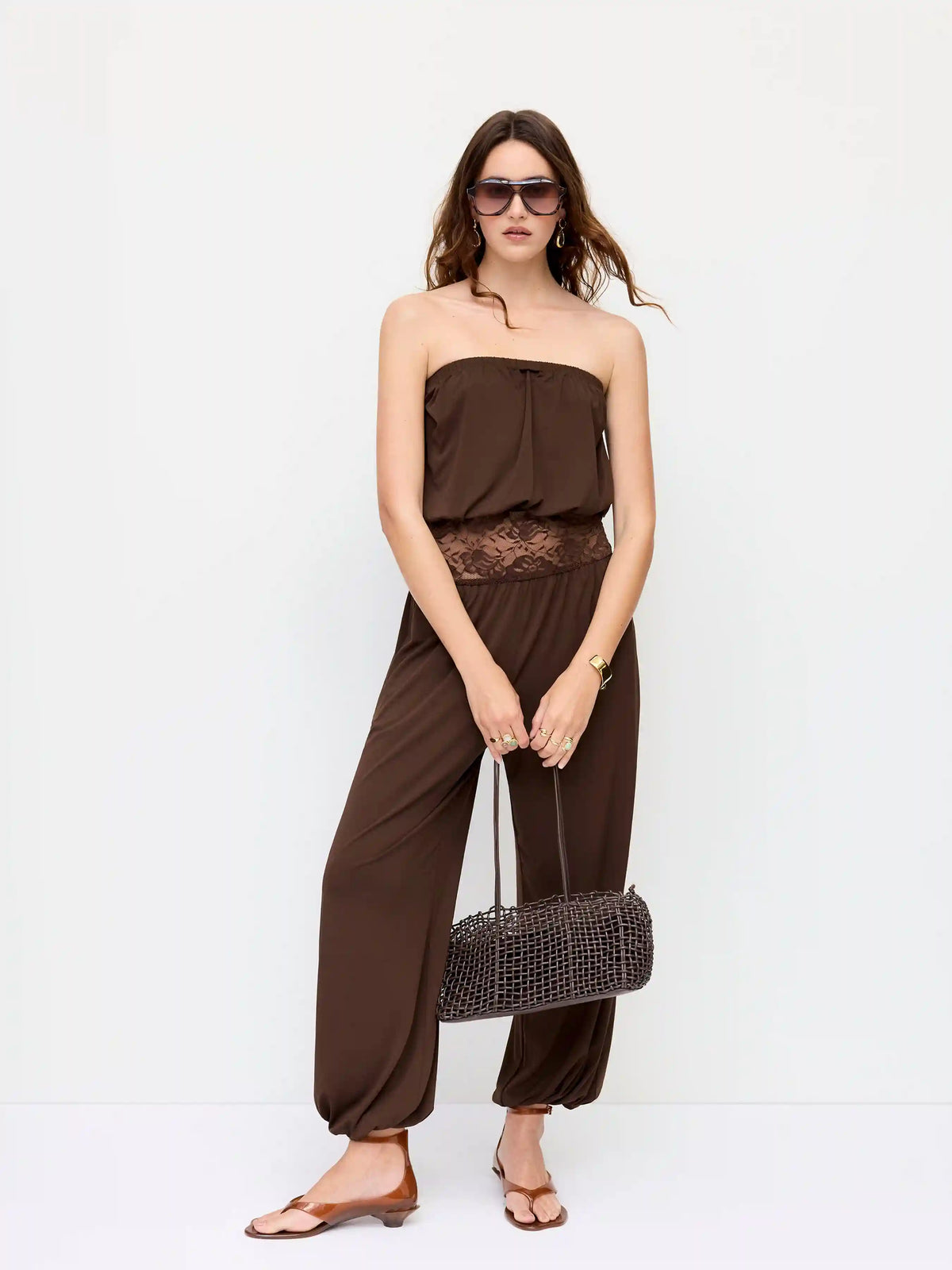 Bandeau Lace Panel Low Rise Jogger Jumpsuit