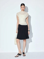High Neck Ruched Asymmetrical Sheer Short Sleeve Top