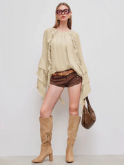 Chiffon Ruffle Hem See-through Oversized Bell Sleeve Blouse