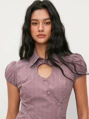 Cotton-blend Gingham Puff Sleeve Cut Out Blouse
