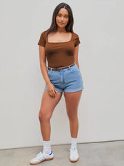 Solid Square Neck Short Sleeve Bodysuit