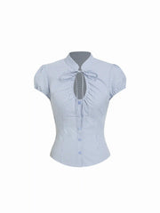 Cotton-blend Gingham Stand Collar Puff Sleeve Bowknot Cut Out Blouse