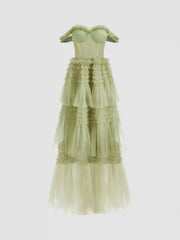 Woven Corset Layered Tulle Ruffle Maxi Dress