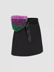 Solid Buckle Skirt With Fleece Waist Bag