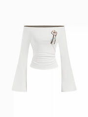 Cotton Cat Graphic Off-shoulder Bell Sleeve Ruched Tee