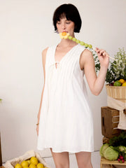 Cotton-blend Textured V-Neck Tie Front Mini Dress