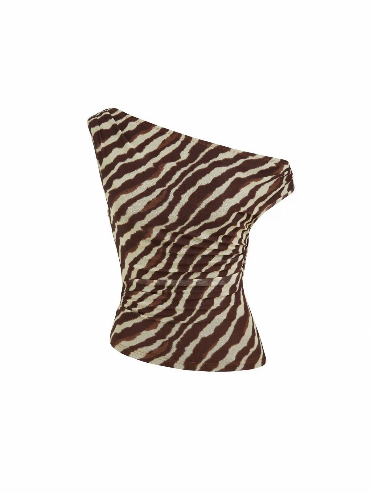 Mesh Zebra Striped Asymmetrical Neck Ruched Top