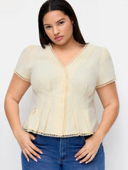 Cotton-blend V-neck Pleated Ruffle Hem Blouse Curve & Plus