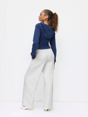 Cotton-blend Mid Rise Elastic Waist Straight Leg Trousers