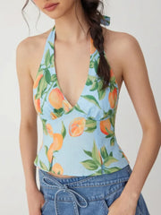 Fruit Graphic V-Neck Shirred Tie Back Ruffle Hem Cami Blouse