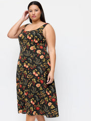 Floral And Fruit Square Neck Flared Midi Dress Curve & Plus