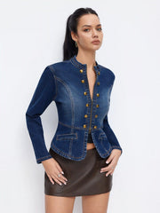 Stretch Denim Stand Collar Long Sleeve Zip Through Metal Button Split Blouse