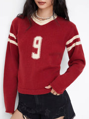 9 Knit V-neck Long Sleeve Contrasting Binding Top