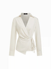 Linen-blend Stripes Asymmetrical Wrap Ruched Knotted Shirt