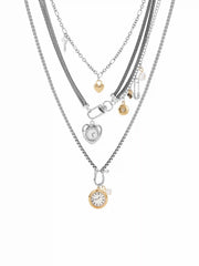 CLOCK & HEART PENDANT LAYERED NECKLACE