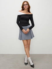 Mesh Patchy Off-shoulder Solid Long Sleeve Top