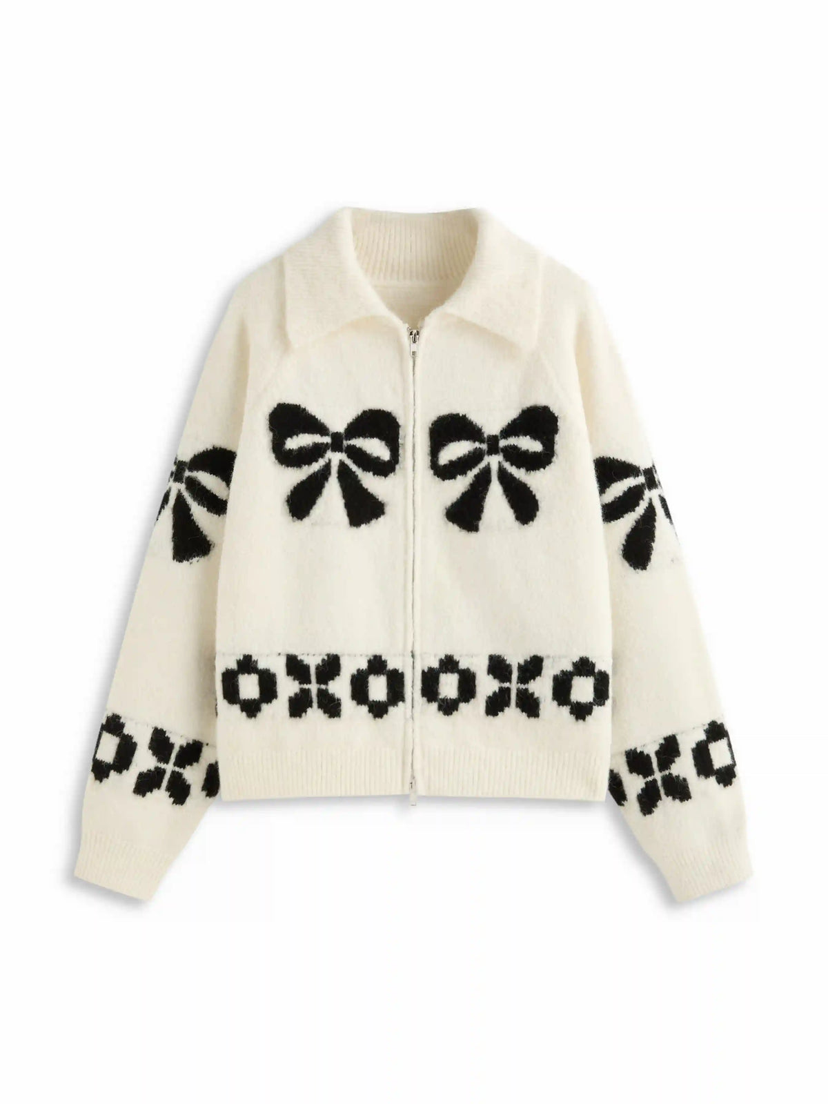 Knit Wool-blend Bowknot Collar Long Sleeve Zip Through Oversized Cardigan
