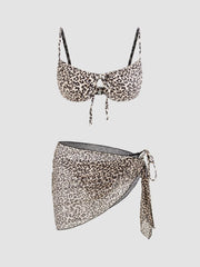 Square Neck Leopard Underwire Tie Side Bikini Swimsuit With Sarong