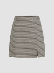 Houndstooth High Waist Split Mini Skirt