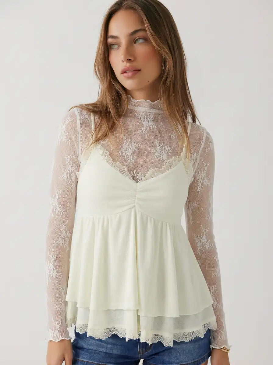 Lace High Neck Lace Long Sleeve Top