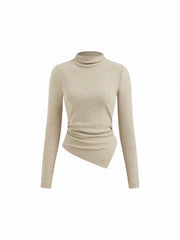 Stand Collar Ruched Asymmetrical Hem Top & Mid Rise Straight Leg Trousers Set