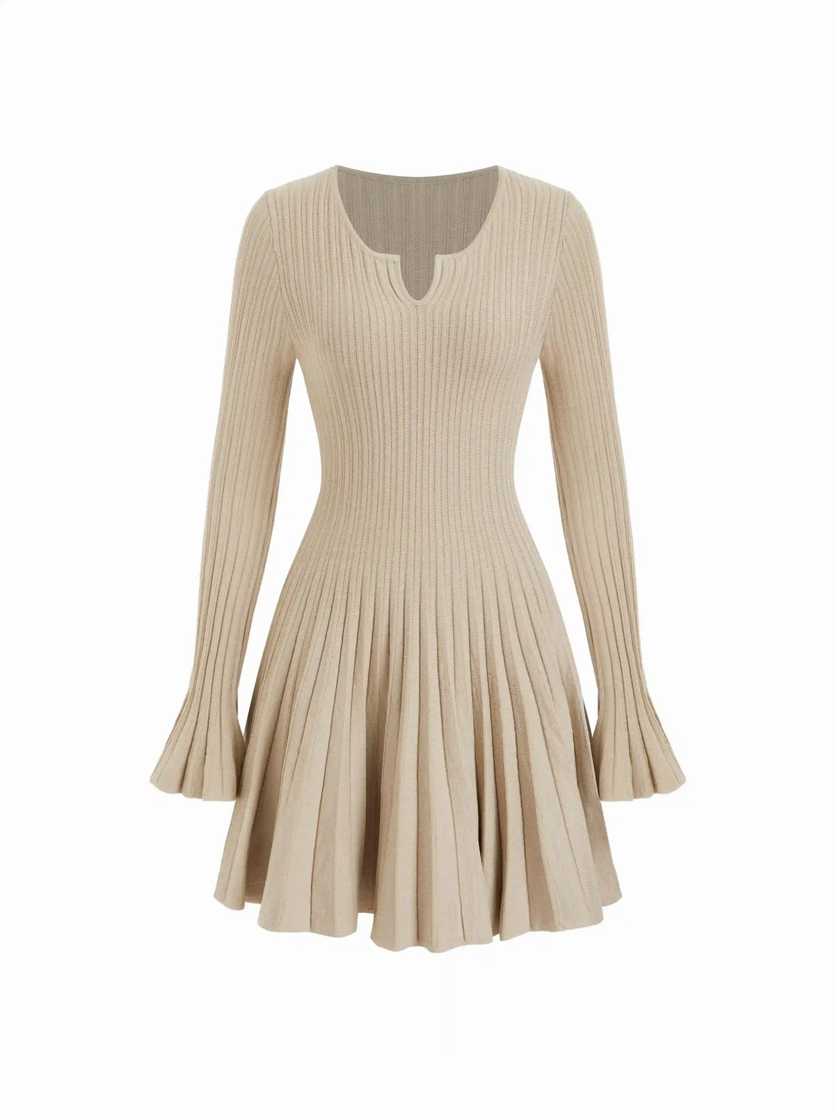 Ribbed Knit Round Neck Bell Sleeve Pleated Mini Dress
