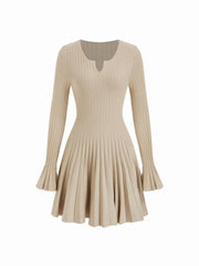 Ribbed Knit Round Neck Bell Sleeve Pleated Mini Dress