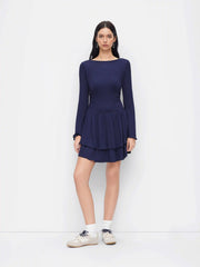 Boat Neck Bell Sleeve Ruched Lettuce Trim Ruffle Layered Mini Dress