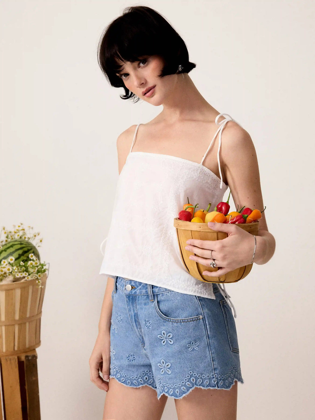 Cotton-blend Textured Embroidery Knotted Oversized Crop Blouse
