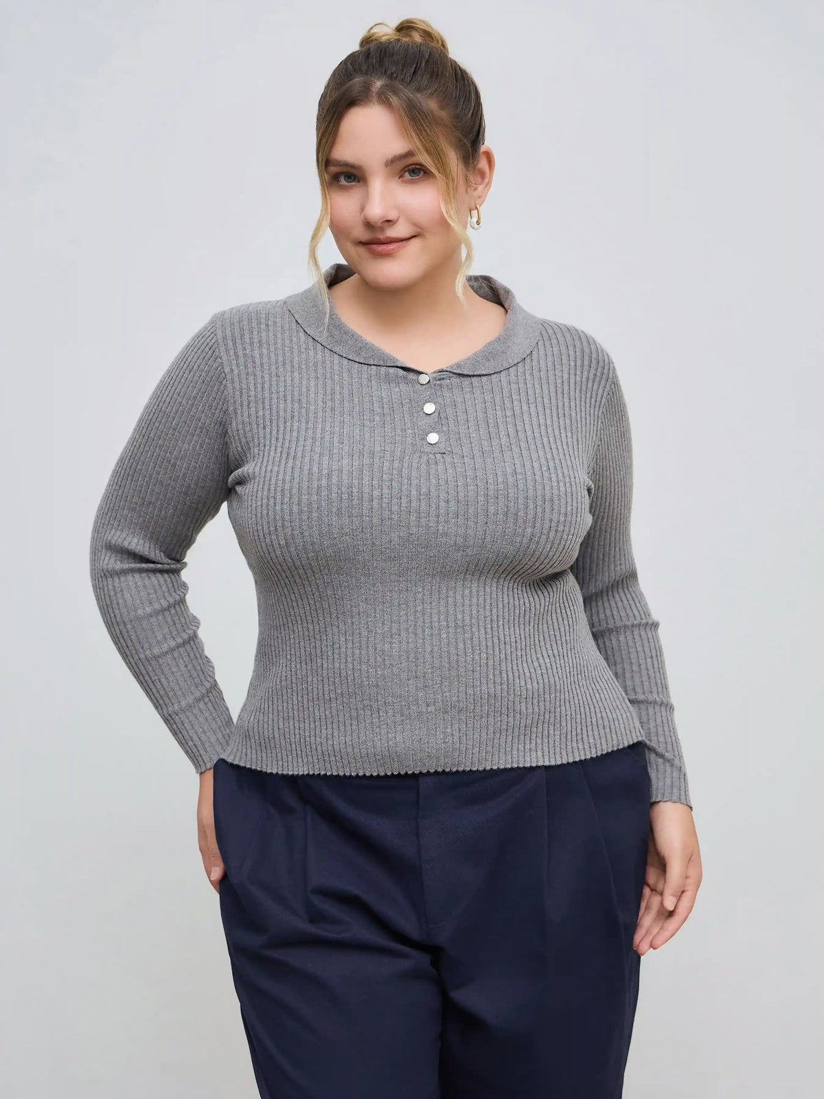 Knit Collar Solid Button Long Sleeve Top Curve & Plus